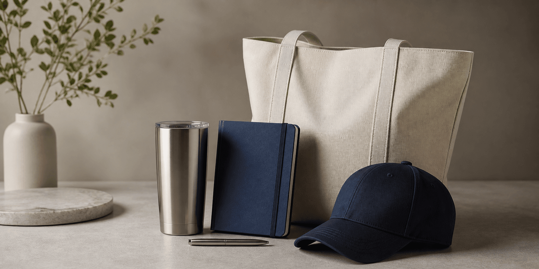 Useful branded promotional products on a studio tabletop