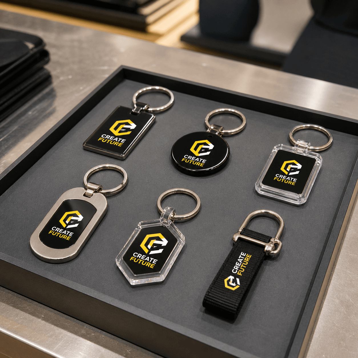 Custom Keychains photorealistic promotional product mockup 1