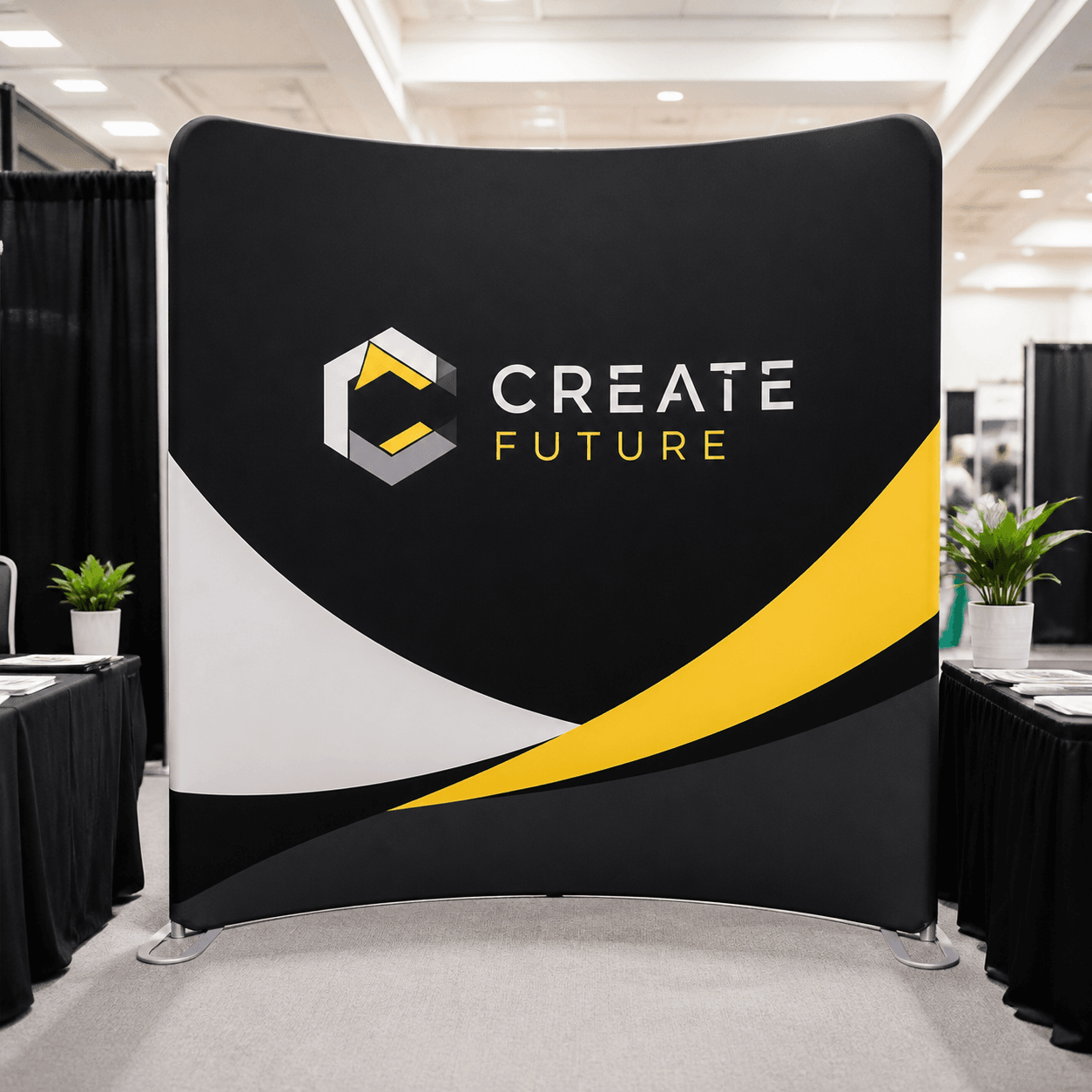 8 ft Curved Tension Fabric Backdrop photorealistic trade show product mockup 1